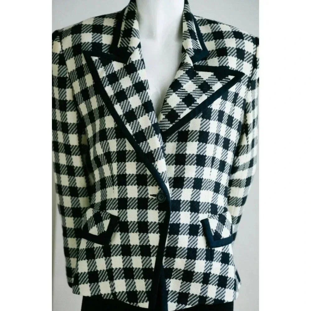 Vintage Wool Black White PlAid Notched Collar Fitted Cropped Chic Blazer M
